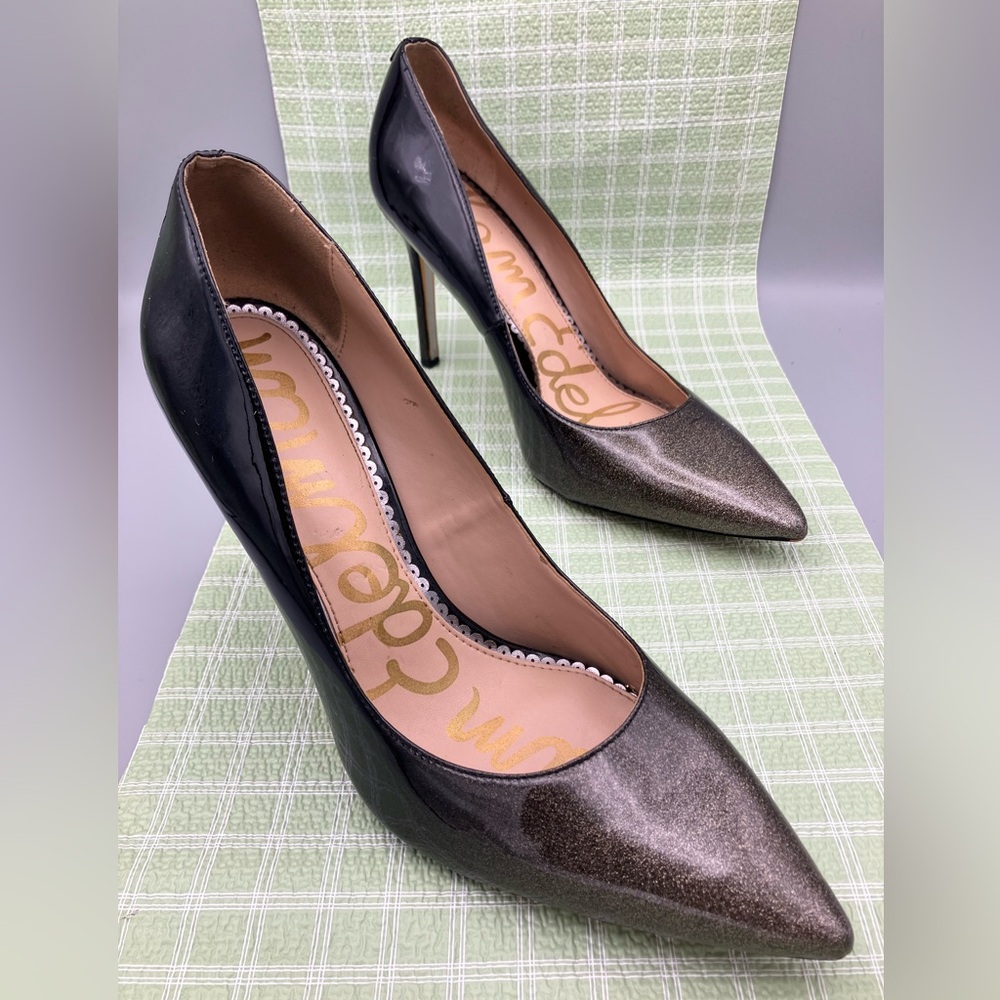 Sam Edelman Black & Hazel pumps gold degrade crystal patent.